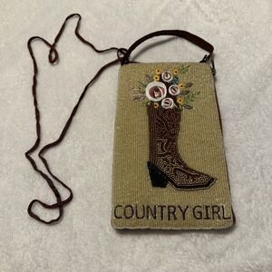 Bamboo Trading Company Beaded Country Western Boots Crossbody Wristlet Phone Bag
